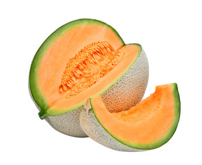 slice of japanese melons, orange melon or cantaloupe melon with seeds isolated, png