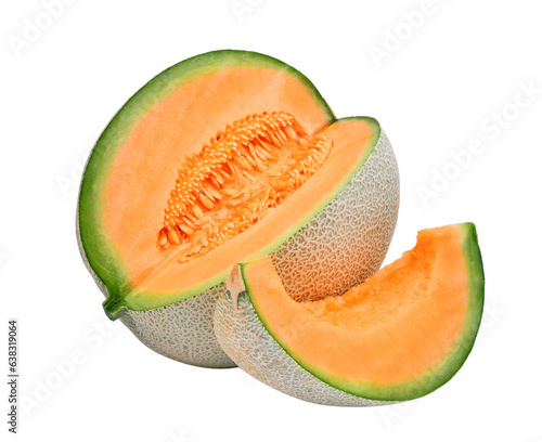 slice of japanese melons, orange melon or cantaloupe melon with seeds isolated, png photo