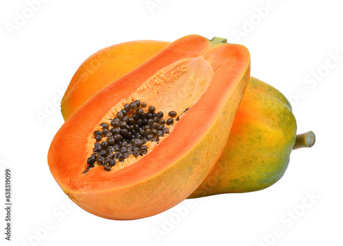 whole and half of ripe papaya fruit with seeds isolated, png