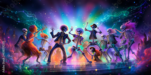 illustration of festive dressed skeletons at ball  costume Halloween party