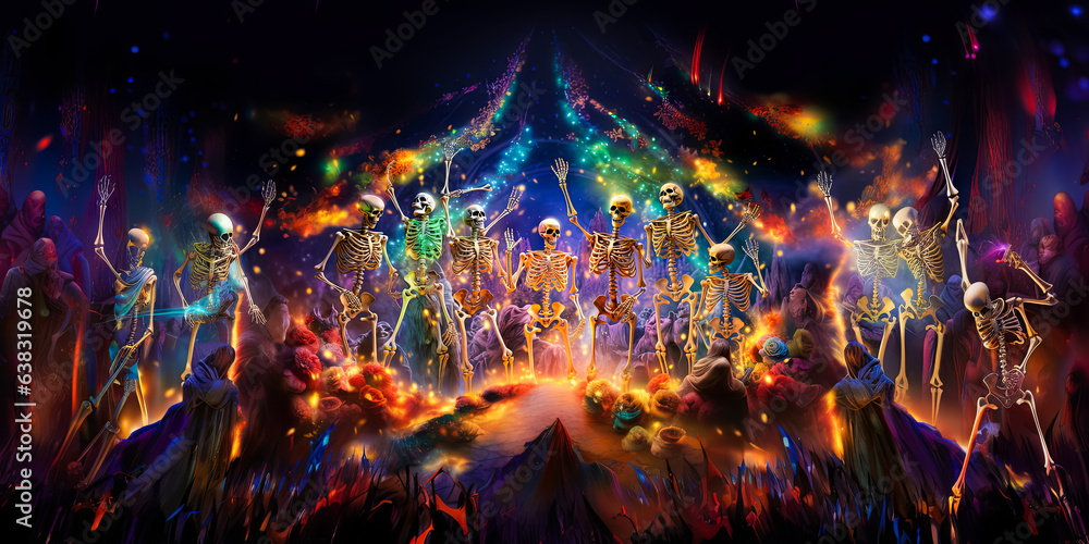 Obraz premium illustration of skeletons which dancing on Halloween disco party