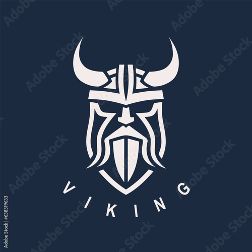Nordic viking logo. Norse warrior icon. Horned barbarian helmet symbol. Norseman Odin emblem. Vector illustration.