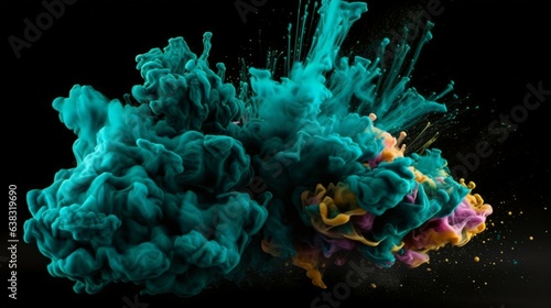 Cyan Paint Splashes Ignite a Fantastical Explosion on a black background  Illuminating Free Space with Artistic Magic. Generative AI