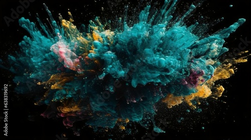Cyan Paint Splashes Ignite a Fantastical Explosion on a black background, Illuminating Free Space with Artistic Magic. Generative AI