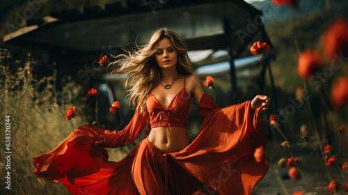 young blond woman in a red dress on a flower meadow full of red poppies