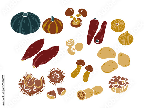 秋の野菜のイラストセット（４色）