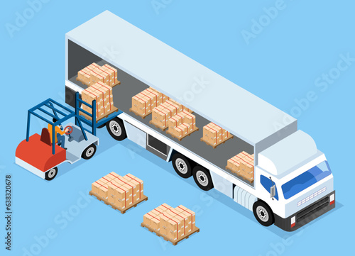 Forklift Loading Pallet Boxes from Warehouse Into Truck. Isometric Vector illustration eps10