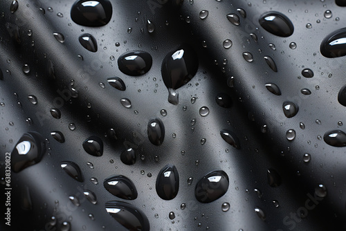 Macro shot showcasing the resilience of a waterproof fabric as droplets bead up, refracting light in myriad ways