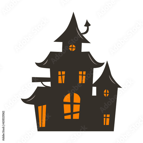 Halloween haunted house silhouette with glowing orange windows,  sticker, vector illustration, art, decoration, symbol and print.