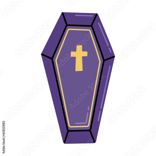 Halloween purple coffin with cross,  creepy sticker, vector illustration, art, decoration, symbol and print.