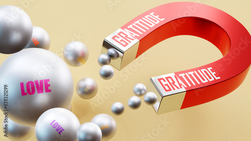 Gratitude which brings Love. A magnet metaphor in which gratitude attracts multiple parts of love. Cause and effect relation between gratitude and love.,3d illustration