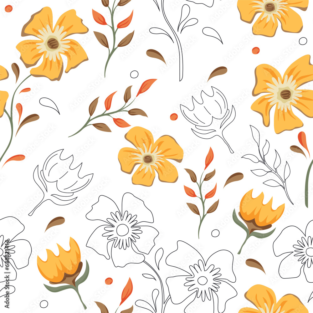 Bursting with vibrant blooms, this seamless vector pattern showcases a riot of colors, perfect for adding a touch of nature's beauty to your designs.