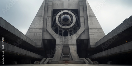 A Modern Totalitarian Building With a Large Watchful Eye Backdrop