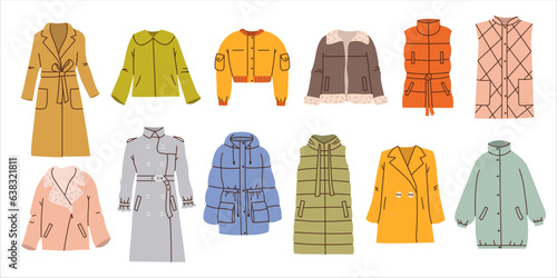 Set colorful different outerwear in flat style isolated on white background. Female clothes. Raincoat, down jacket, jacket, sheepskin coat, quilted vest, trench coat, bomber jacket with pockets. photo