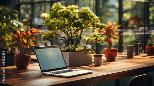 Modern laptop on desk in open space office with plants as decoration