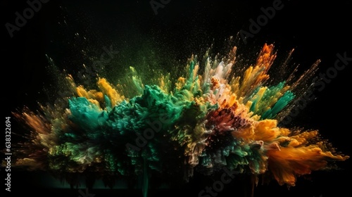 Green and brown Paint Splashes Erupt in a Fantasy Explosion on a black background Canvas, Creating a Colorful Symphony in Free Space. Ganerative AI © ShadowHero