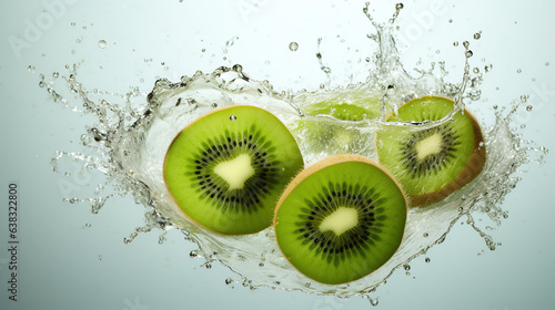 A kiwi fruit suspended in mid - air  surrounded by a lively burst of kiwi juice.