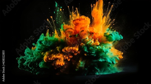 Green and orange Paint Splashes Erupt in a Fantasy Explosion on a Black background Canvas, Creating a Colorful Symphony in Free Space. Ganerative AI © ShadowHero