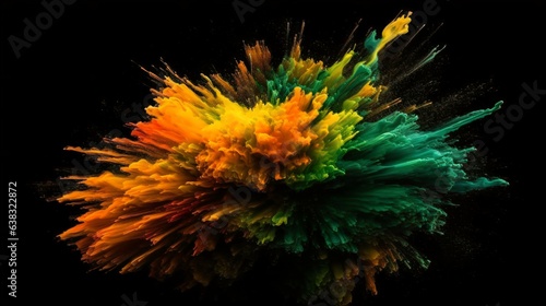 Green and orange Paint Splashes Erupt in a Fantasy Explosion on a Black background Canvas, Creating a Colorful Symphony in Free Space. Ganerative AI