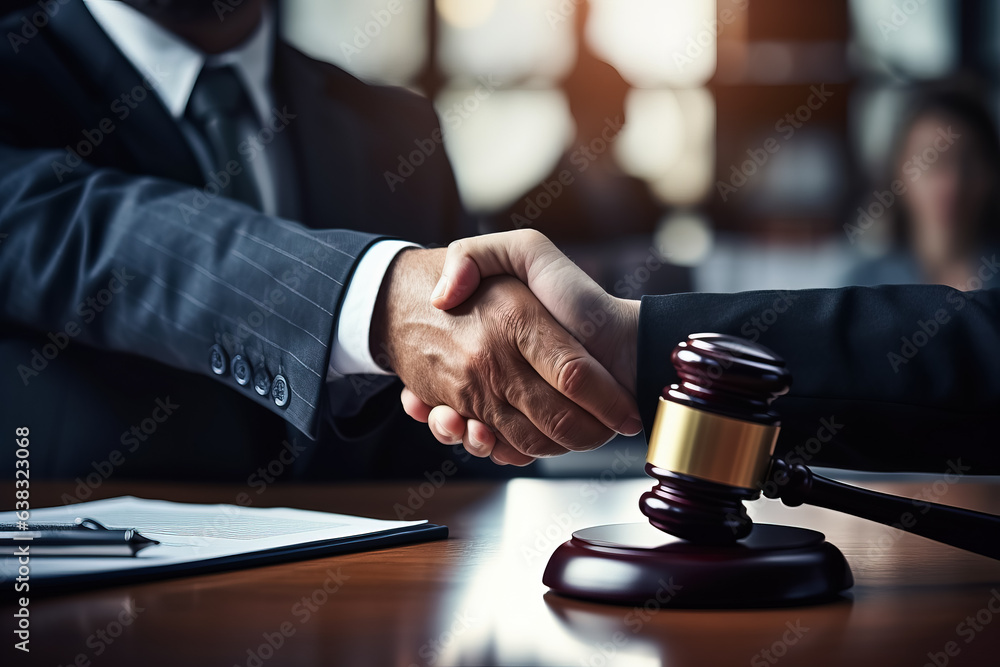 Judge gavel with justice lawyers having team meeting at law firm in background concept of law Judge gavel with justice lawyers having team meeting at law firm in background concept of law
