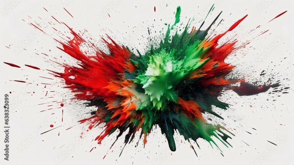 A Flourish of green and red Paint Splashes Ignites a Fantasy Explosion on a white background, Enveloping Free Space in Creative Energy. Generative AI