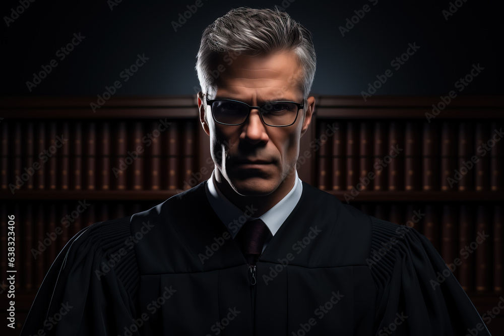 Fototapeta premium Male judge on dark background with a place for text 