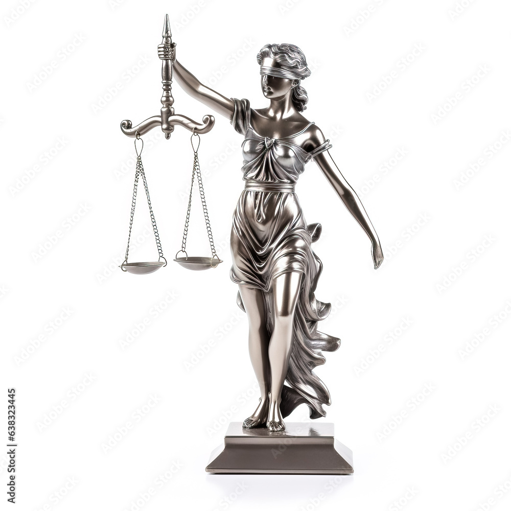 Metal statue of lady justice blindfolded with scales isolated on white 