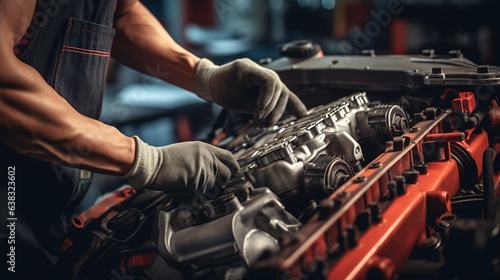 A professional mechanic working on a car engine in a garage. Car repair service. Hands wear mechanic gloves. Mechanic holding a tool to tighten the nut. Engine cover.