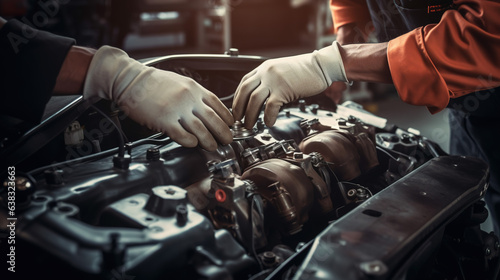 A professional mechanic working on a car engine in a garage. Car repair service. Hands wear mechanic gloves. Mechanic holding a tool to tighten the nut. Engine cover.