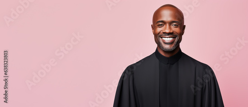 Successful black male judge smiling at the camera isolated on pastel background 