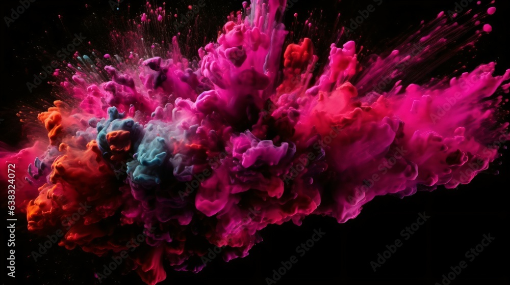 A Flourish of maroon Paint Splashes Ignites a Fantasy Explosion on a black background, Enveloping Free Space in Creative Energy. Generative AI