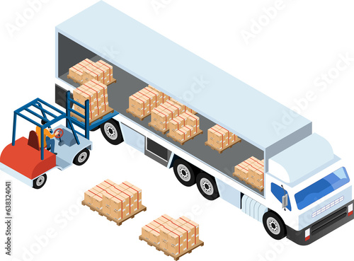 Forklift Loading Pallet Boxes into Truck. Isometric illustration photo