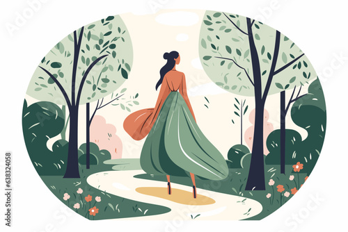 A girl in a dress walking through the park