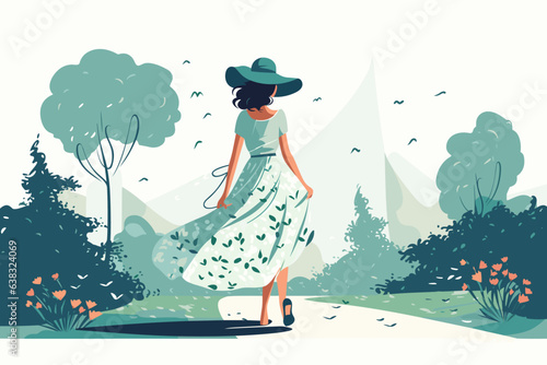A girl in a dress walking through the park