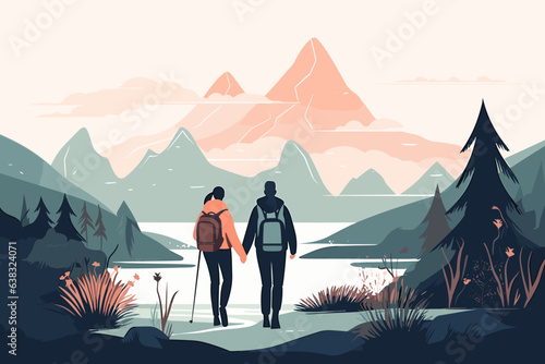 A couple walking in the mountains