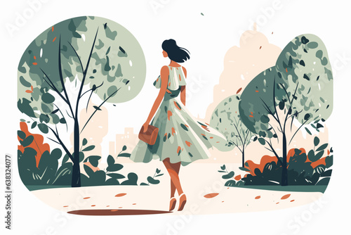 A woman in a dress walking through the park