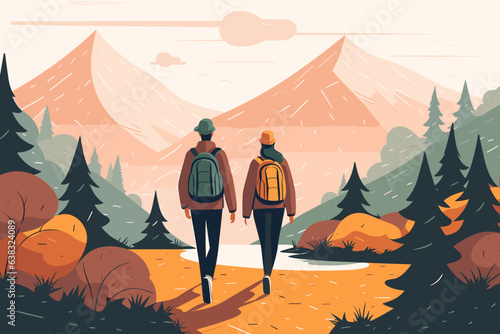 A couple of people walking in the mountains, AI generative
