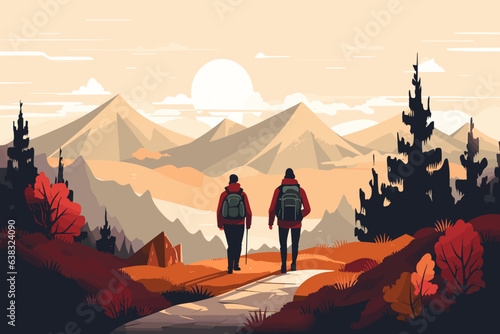 A couple of people walking in the mountains, AI generative