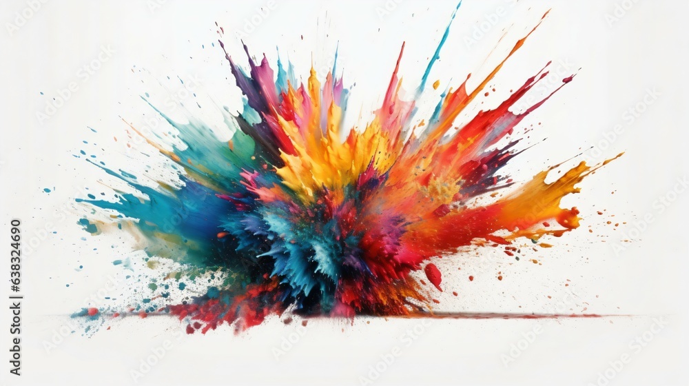 A Flourish of multicolored Paint Splashes Ignites a Fantasy Explosion on a white background, Enveloping Free Space in Creative Energy. Generative AI A Flourish of multicolored Paint Splashes Ignites a Fantasy Explosion on a white background, Enveloping Free Space in Creative Energy. Generative AI