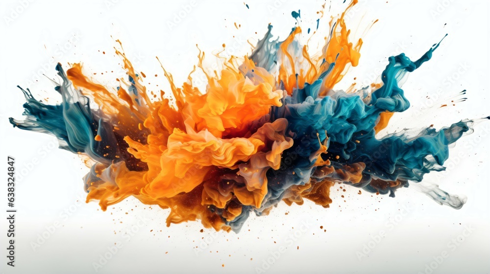 A Flourish of orange and blue Paint Splashes Ignites a Fantasy Explosion on a white background, Enveloping Free Space in Creative Energy. Generative AI