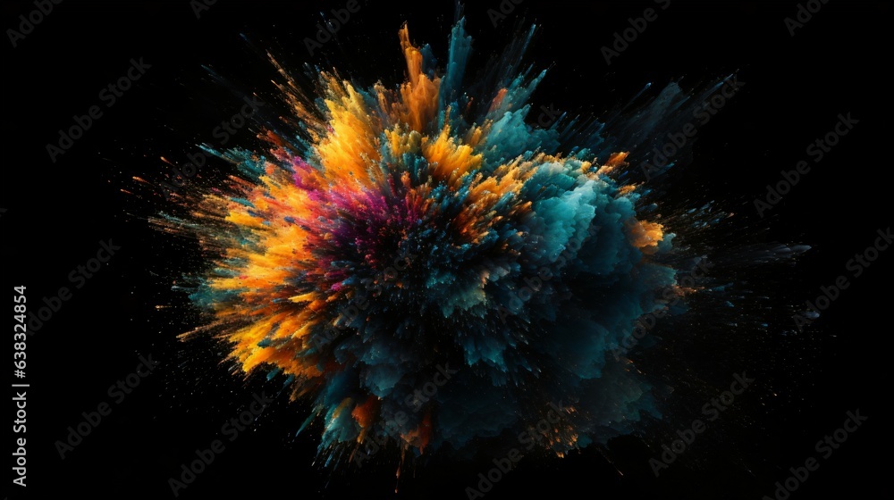 A Flourish of navy blue Paint Splashes Ignites a Fantasy Explosion on a black background, Enveloping Free Space in Creative Energy. Generative AI