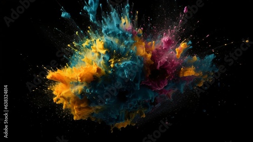 A Flourish of navy blue Paint Splashes Ignites a Fantasy Explosion on a black background  Enveloping Free Space in Creative Energy. Generative AI