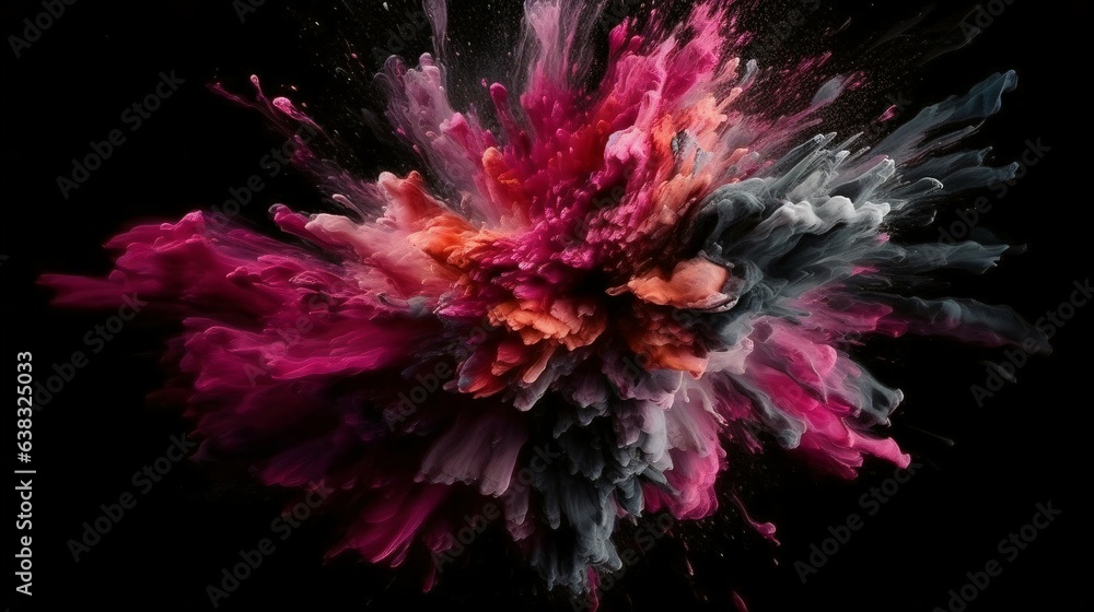 A Flourish of pink and grey Paint Splashes Ignites a Fantasy Explosion on a black background, Enveloping Free Space in Creative Energy. Generative AI