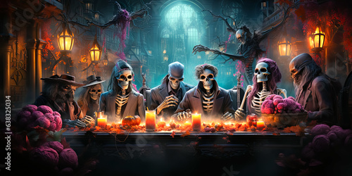 skeletons in stylish festive outfit sitting at the table and celebrating Halloween © zamuruev