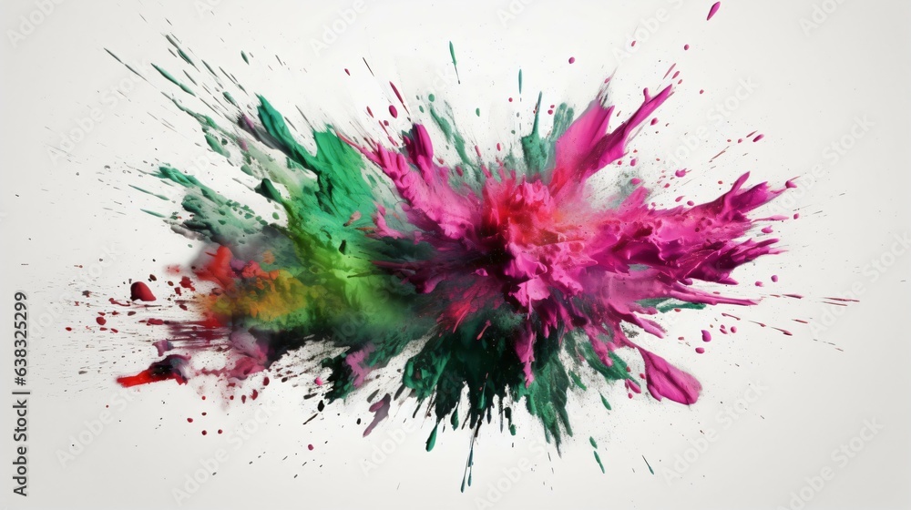 A Flourish of pink and green Paint Splashes Ignites a Fantasy Explosion on a white background, Enveloping Free Space in Creative Energy. Generative AI