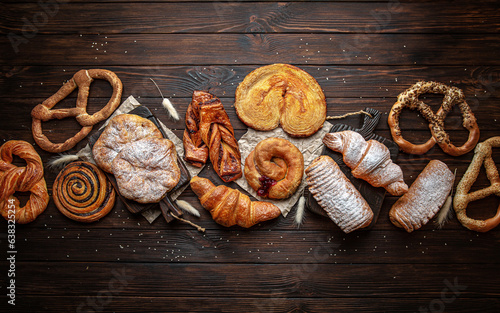 Wallpaper from different types of pastries on brown boards. For decoration of bakery sales outlets. Bakery products. Fresh bakery.