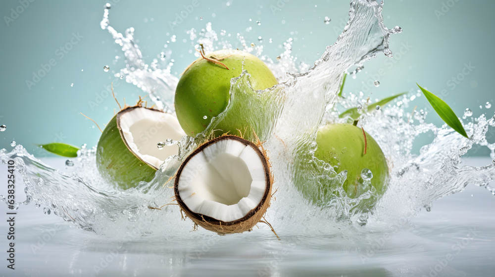 A coconuts floating in the air Surrounded by lively coconut water The white background provides a stark contrast that emphasizes the bright green fruit and bright splashes of juice. - obrazy, fototapety, plakaty 