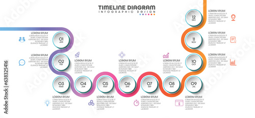 12 month calendar design concept, modern timeline, infographic template for business.Can be used for presentations, flowcharts, diagrams, signs. Vector illustration.
