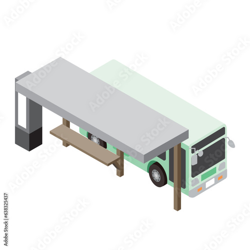 アイソメトリック_立体的なバスとバス停のイラスト