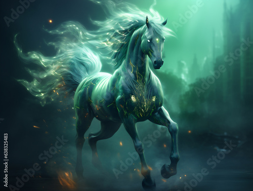 Animal espiritual en forma de caballo majestuoso, fantasía, místico, espiritual, color verde claro místico © Odisdca